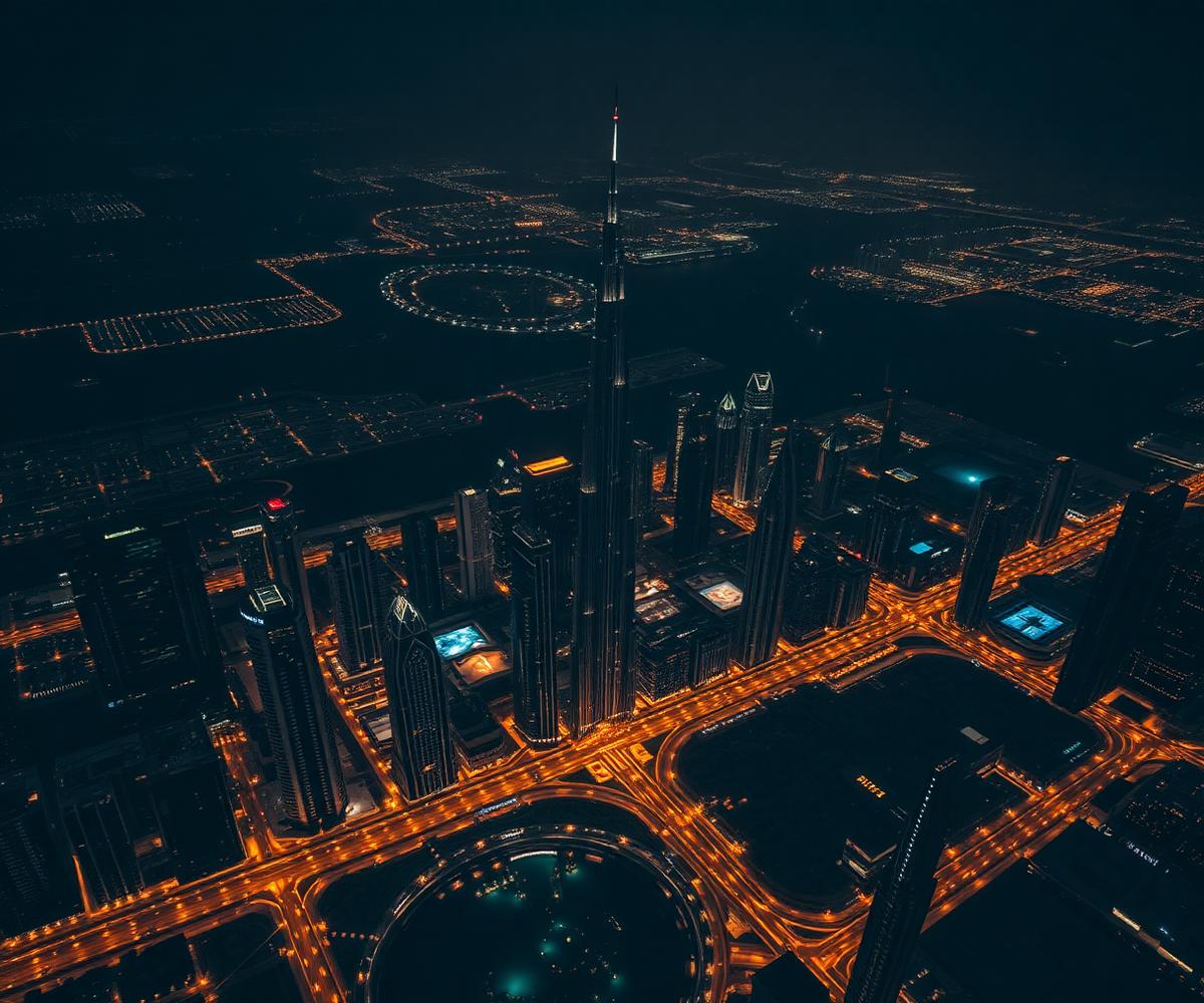 Dubai skyline at night with connected network lines over DIFC and Business Bay